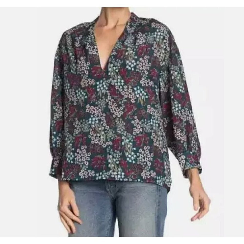 Joie Top Womens Medium Ninarika Blue Floral Ocean V Neck Pullover Flowy Boho